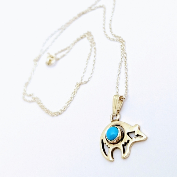 Native American Sterling Silver Turquoise Bear Pendant Necklace - Picture 1 of 8